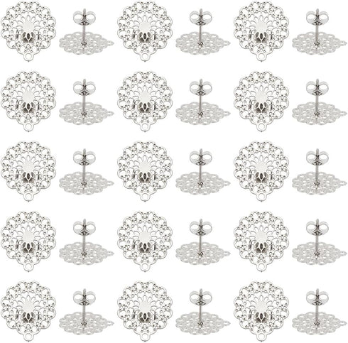 UNICRAFTALE 30pcs 304 Stainless Steel Stud Earrings with Loop Bohemian Hollow Flat Filigree Earrings Posts with Hole Ear Nuts Metal DIY Earring Ac...