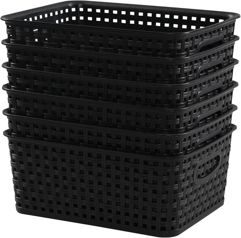 6 Pack Plastic Pantry Weave Storage Basket Bin, Black...