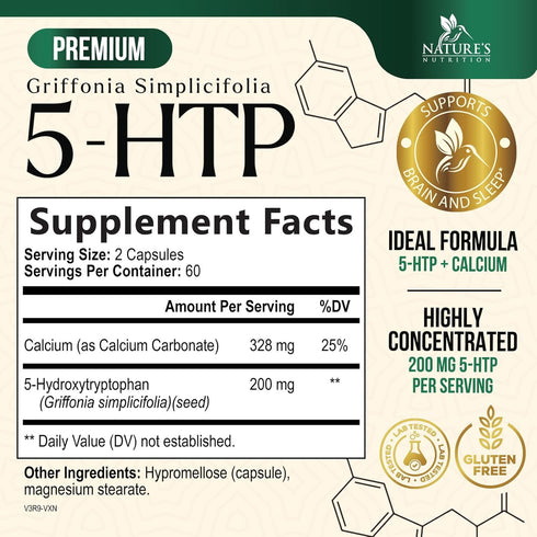 5 HTP Supplement Vegetarian Capsules 200mg 5HTP Plus Calcium for Brain Support - Extra Strength Griffonia Simplicifolia 5-HTP Formula - 5 Hydroxyt...