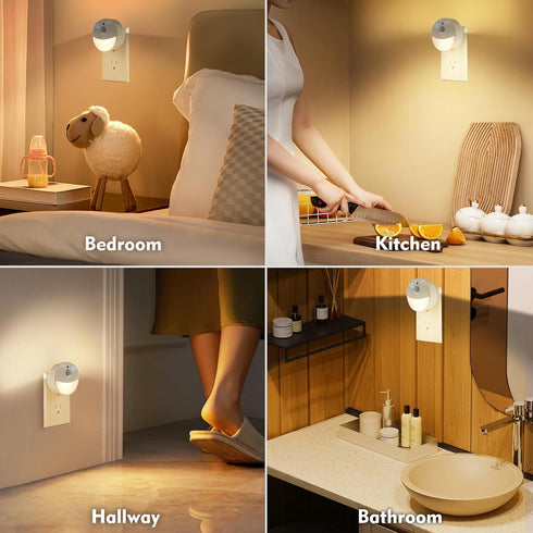 4 Pack Motion Sensor Night Light Plug in, Motion Activated Night Light, Mini Warm White LED Nightlight with 5-80 lm Adjustable Brightness for Bath...
