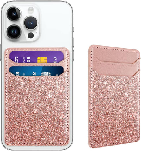 Glitter Self Adhesive Card Holders for Back of Phone, Leather RFID Phone Wallet Pockets Stick On, Credit Card Holders Sleeve for Phone Case, Rose ...