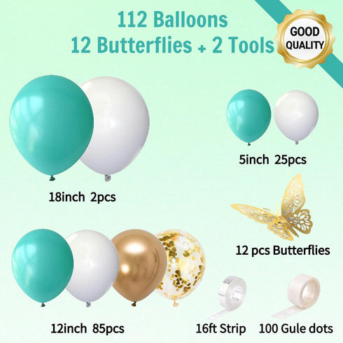 Teal Balloon Garland Kit with Gold Butterflies – Turquoise, Blue and Green, White & Gold Balloons in 18", 12", 5" Sizes – for Graduation, Baby Sho...
