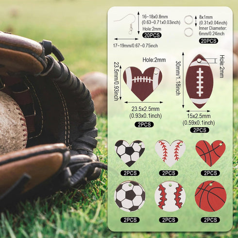 Cheriswelry 8 Pairs Sports Theme Earring Set with Baseball Football Basketball Rugby Wood Earring Pendants Earring Hooks Jump Rings for Sports Lov...