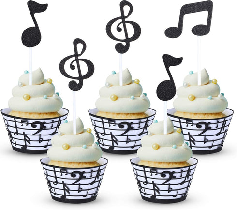 48 Pieces Music Note Cupcake Toppers and Wrappers Musical Symbol Lace Cupcake Liners Paper Baking Cup and Food Picks Toothpicks for Birthday Cake ...