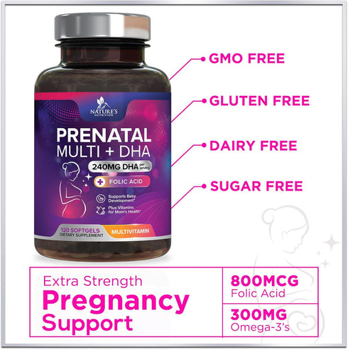 Women's Prenatal Multivitamin with Folic Acid + DHA, Prenatal Vitamin Supplement for Fetal Support w/ Folate, Omega 3, Vitamins D3, B6, B12 & Iron...