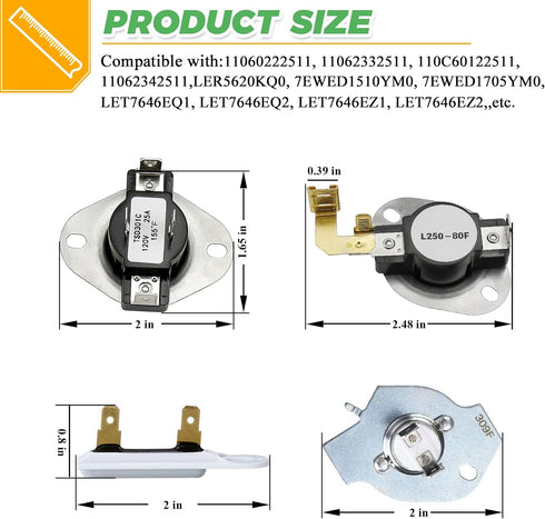 3387134 Cycling Thermostat 3977393 & 3392519 Dryer Thermal Fuse 3977767 High Limit Thermostat Replacement Part Kit by Techecook - Compatible for Whirlpool Kenmore Dryer