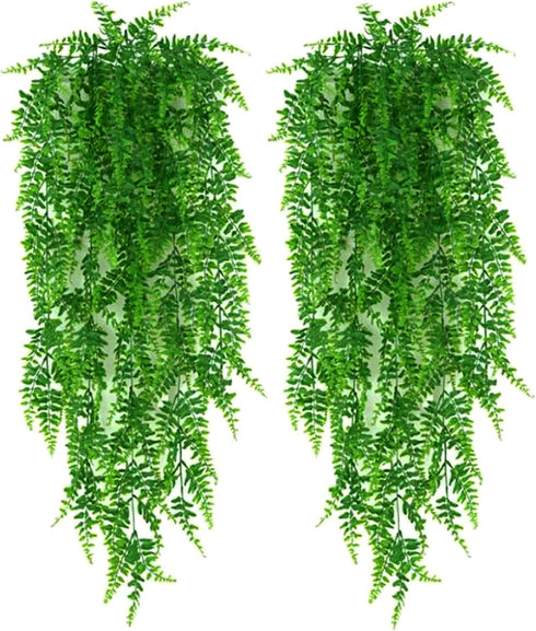 YYaaloa Fake Plants Artificial Hanging Plants 2-Pack 31.5Inch Boston Fern Fake Leaves Greeny Chain Wall Home Room Garden Wedding Garland Outside D...