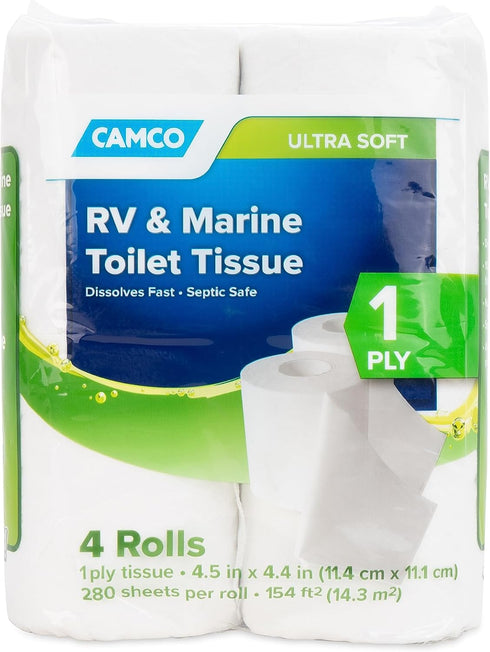 Camco Marine & RV Toilet Paper - 4-Rolls - 1-Ply Quick Dissolve RV & Marine Septic Safe Bath Tissue - Dye & Fragrance Free - 280 Sheets Per Roll (...