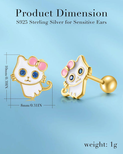 Cat Earring Screw Back Earrings Shypoallergenic Sterling Silver 18K Gold Plated Ideal Gift...