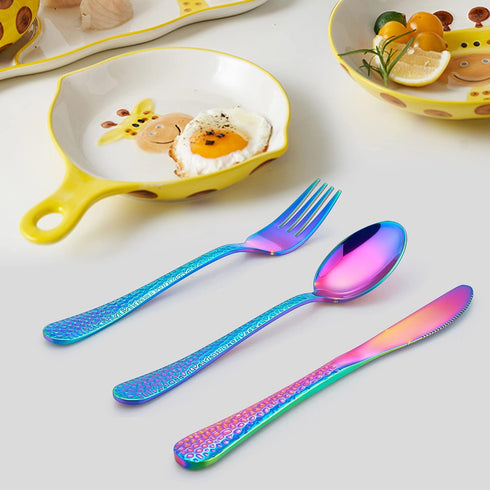 LIANYU 12-Piece Rainbow Kids Silverware Set, Stainless Steel Toddler Utensils, Hammered Preschooler Metal Flatware Cutlery Set, Children Tableware...