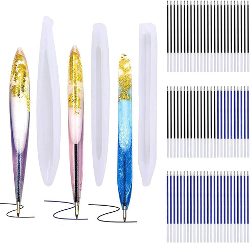 JANYUN 3 Pieces Pen Shape Resin Mold Ballpoint Pen Silicone Molds Epoxy Resin Molds Resin Casting Molds with 75 Pieces Ballpoint Refill Pens for D...