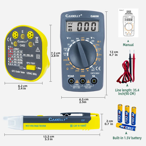 Electrical Test Kit with CAXIELLY Digital Multimeter Tester 2000 Count, Non contact Voltage Tester with Flashlight, Outlet Tester GFCI Test, Test ...