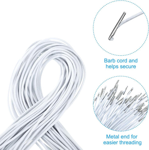 PATIKIL 6 Inch Elastic Barbed Cord, 200 Pcs 1.6mm Loop Stretch Round String with Metal Barb Fasteners for Hats Masks Menus Crafting Book, White (1...