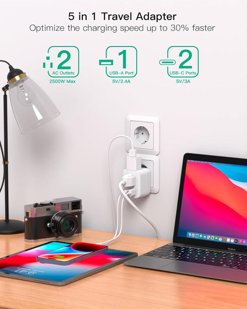 European Travel Plug Adapter, Foldable International Power Plug Adapter with 2 AC Outlets 3 USB Charging Ports(2 USB C), Type C Plug Adapter Trave...