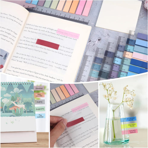 Sticky Tabs with Ruler,moinkerin 200 Pieces Transparent Sticky Notes Book Tabs PET Multicolor for Bookmarks,Studying,Office,School Planner Memo...