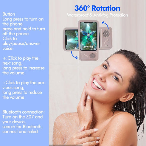 Shower Phone Holder with Wireless Bluetooth Speaker - Waterproof 480 Rotation Viewable Shower Phone Stand Case Mount Speakers for Bathroom Wall Mi...