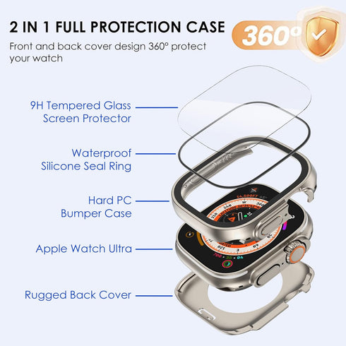 WINGLE 2 in 1 Waterproof Case for Apple Watch Ultra 2 Screen Protector 49mm Case Cover, 2 Pack 360 Protective Glass Face Cover Hard PC Bumper + Ba...