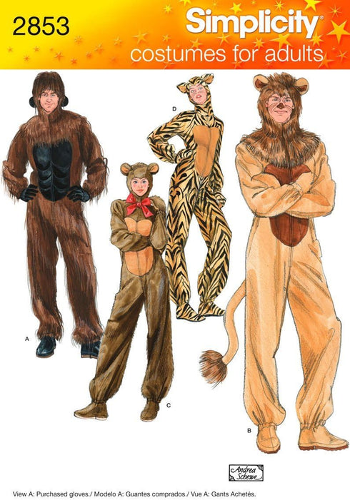 Simplicity 2853 Gorilla, Lion, bear and Cat Sewing Pattern for Adult Men and Women by Andrea Schewe Sizes XS-XL, Red...