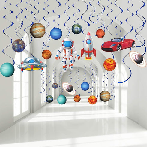 Blulu 30 Pcs Outer Space Party Decoration Hanging Swirls Blue Solar System Planet UFO Rocket Astronaut Foil Swirls Ceiling Hanging Decoration for ...