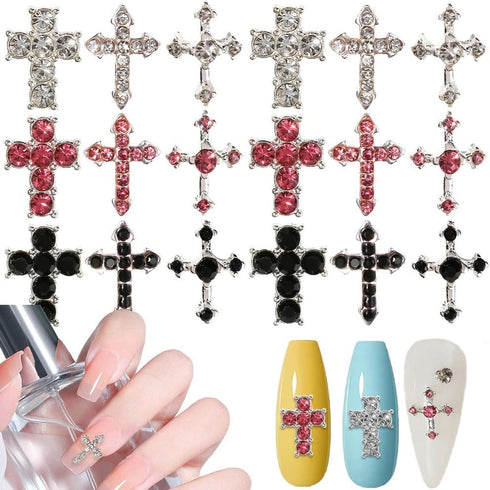 Crystal Cross Nail Charms - y2k Nail Crystal Cross Charms - Silver Crystal Cross Nail Art, 3D Pink Nail Cross Charms for DIY Designs Supplies...