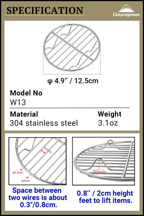 CAMPINGMOON ?4.9-inch Round Stainless Steel Cooking Grid Grill Fits for Backpacking Pocket Stove W13...