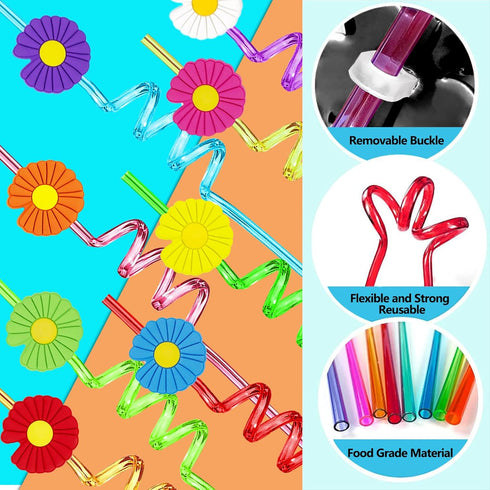 24PCS Daisy Flower Drinking Straws Reusable for Kids Daisy Flower Theme Birthday Party Favors Supplies Decorations with 2 PCS Cleaning Brushes (Da...