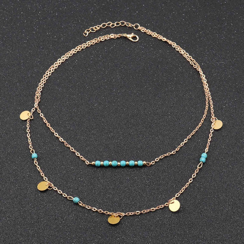 Layered Turquoise Pendant Necklace Gold Sequin Chain Necklace Blue Beads Choker Necklace Turquoise Disc Necklace Chain Jewelry for Women and Girls...