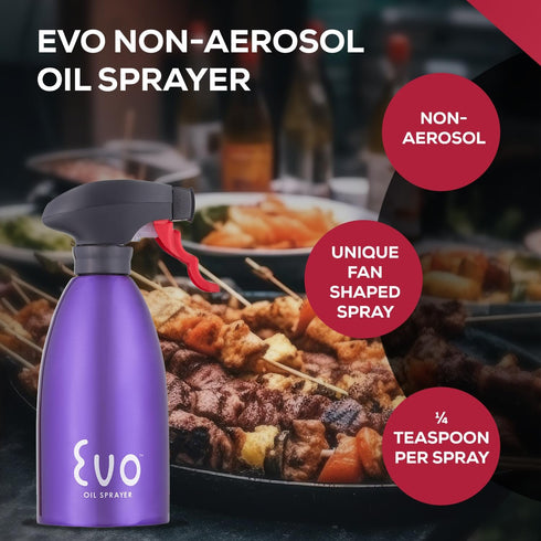 Evo 18/8 Stainless Steel Oil Sprayer, Non-Aerosol for Olive Oil, Cooking Oils, and Vinegars, Purple, 16-Ounce Capacity...