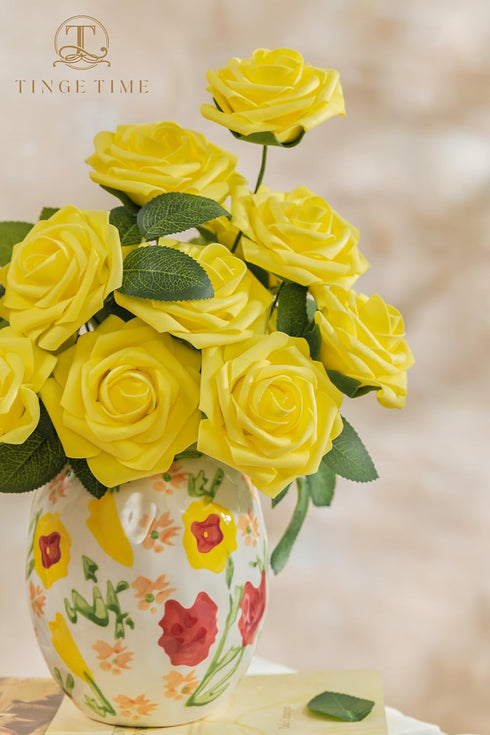 TINGE TIME Yellow Flowers Artificial Rose 25pcs Realistic Fake Roses for DIY Wedding Bouquet Baby Shower Centerpiece Floral Arrangement Party Home...