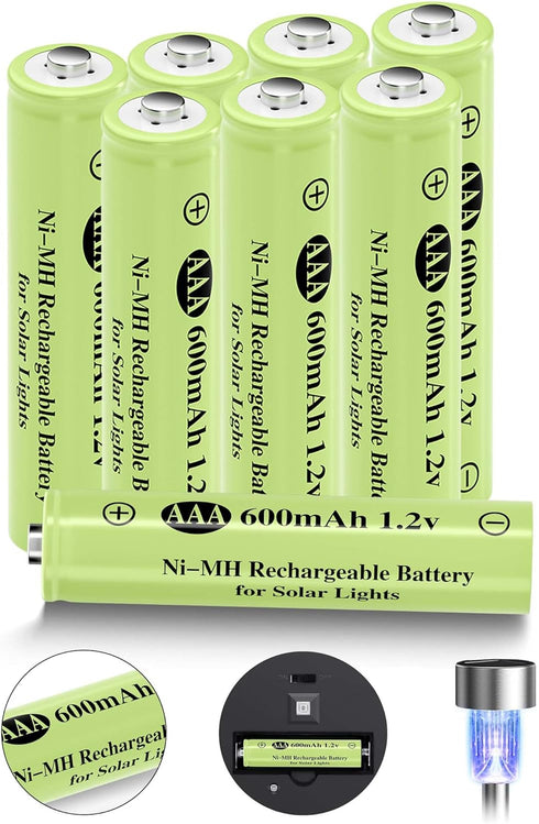 Rechargeable AAA Batteries, Ni-MH AAA 600mAh Solar Batteries, Triple A 1.2v Rechargeable Batteries for Solar Pathway Lights, Outdoor Solar Lights ...