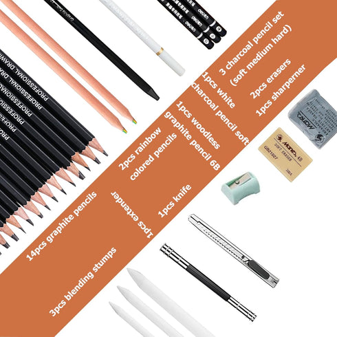 Drawing Pencils,30pcs Art Supplies Sketch Pencils Set with Graphite Pencils 12B 10B 8B 7B 6B 5B 4B 3B 2B B HB 2H 4H 6H,Black & White Charcoal Rain...