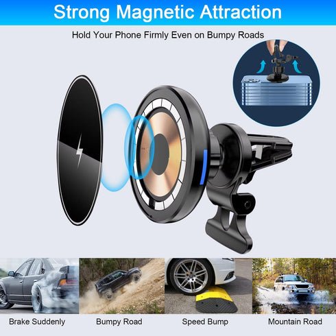 Magnetic Wireless Car Charger Mount,Compatible with MagSafe Car Charger,15W Fast Charging Air Vent Car Phone Holder for iPhone 15 14 13 Pro Max Pl...