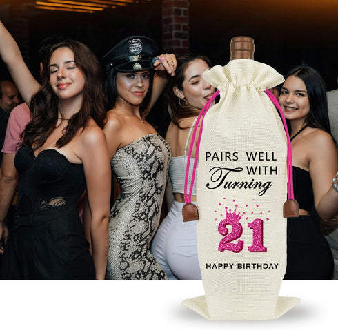 Raisingwell 21st Birthday Wine Bag, Funny Birthday Gifts for Her Him, Wine Champagne Gift Bag With Drawstring, Birthday Party Decorations For Wome...