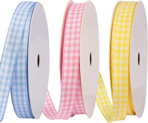 VIVIQUEN Pink Light Blue Yellow Gingham Ribbon, 3/8" Checkered Ribbon Plaid Ribbon, Picnic Craft Ribbon 100% Polyester for Sewing, Gift, DIY Craft...