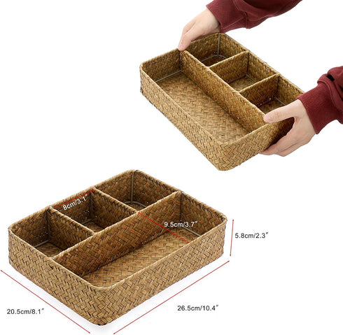 BTSKY Desk Drawer Organizer Tray, Coffee Station Organizer Tea Bag Organizer, Woven Seagrass Storage Basket with 4 Divided Sections Handwoven Wick...
