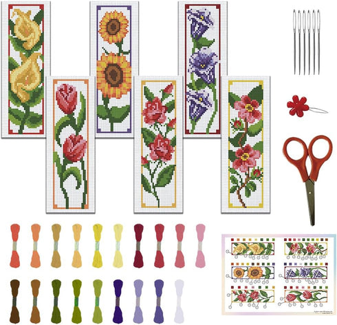 FREEBLOSS 6 Set Bookmark Cross Stitch Kits Stitch Bookmark Cross Stitch Kits with Instructions 6 Flowers Pattern Punch Needle Kit for Beginners Bo...
