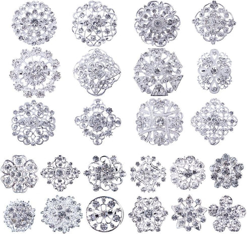 Brooches and Pins for Women, Lot 24pc Silver Color Clear Rhinestone Crystal Flower Brooch Pin DIY Wedding Bouquet Broaches Set...