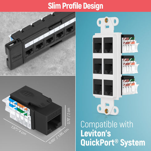 Everest Media Solutions 45° Angled CAT6 Keystone Jack in Black - Slim Profile RJ45 Ethernet Connector - Compatible with 45° Angled Speed Terminati...