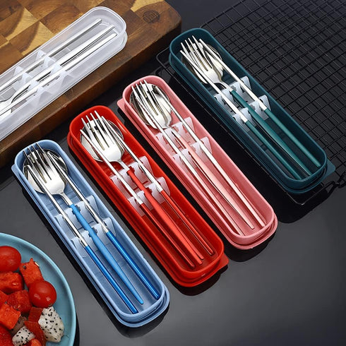 Travel Utensils, Stainless Steel 4pcs Cutlery Set Portable Camp Reusable Flatware Silverware, Include Fork Spoon Chopsticks with Case?Dark green?...