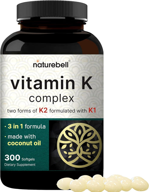 NatureBell Vitamin K Complex, K1 + K2 (MK-7 & MK-4) 2,600mcg Per Serving, 300 Coconut Oil Softgels | Max Absorption – Full Spectrum K Vitamins Sup...