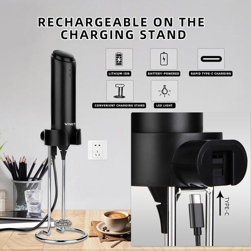 Rechargeable Handheld Electric Milk Frother with USB C Charging Stand for Lattes- Powerful Whisk Drink Frother Wand for Coffee, Hot Chocolate, Cap...