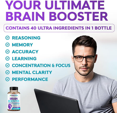 40-in-1 Brain Booster Supplements for Memory, Focus, Clarity, Energy, Performance | Natural Nootropic Brain Support Supplement with DMAE, Bacopa M...
