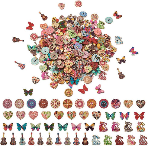 MegaPet 300pcs Assorted Wood Buttons Butterfly Guitar Cat Flat Round Heart Shaped Decorative Button Mixed Painting 2 Holes for Sewing Clothing Cra...