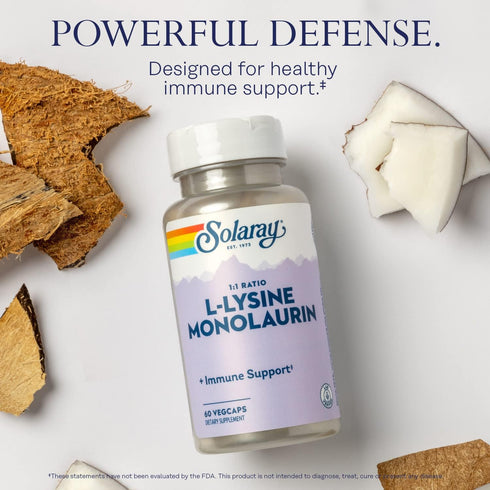 SOLARAY L-Lysine Monolaurin Immune Support Supplement, 1:1 Ratio for Immune System Function, Skin and Gut Health Support, 500 mg Each, 60-Day Mone...