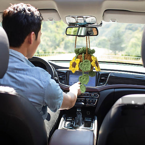 Car Hanging Ornament Cute Crochet Plant Rear view Mirror Pendant Decoration Handmade Knitted Mirror Hanging Car Interior Accessories Gardening Han...