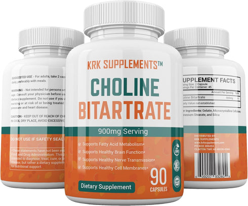 2 Bottles Choline Bitartrate 900mg Per Serving 180 Total Capsules KRK Supplements...