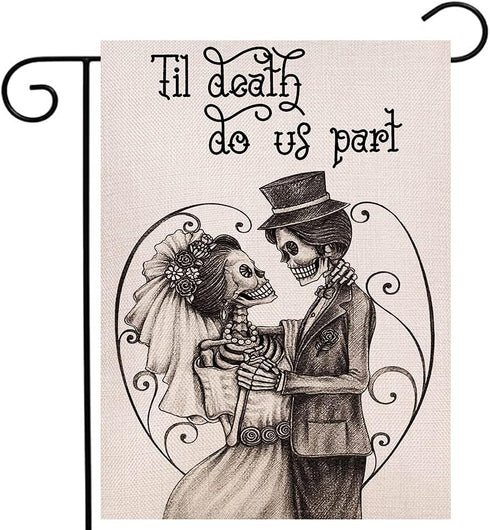 Halloween Garden Flag Vertical Double Sized, Skull Wedding Til Death do Us Part Yard Holiday Farmhouse Outdoor Decoration 12.5 x 18 Inch...