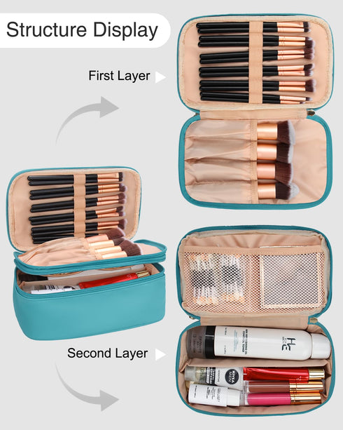 Relavel Travel Makeup Bag, Compact Cosmetic Bag for Women, Waterproof Makeup Brush Holder Organizer with Adjustable Dividers (Blue)...