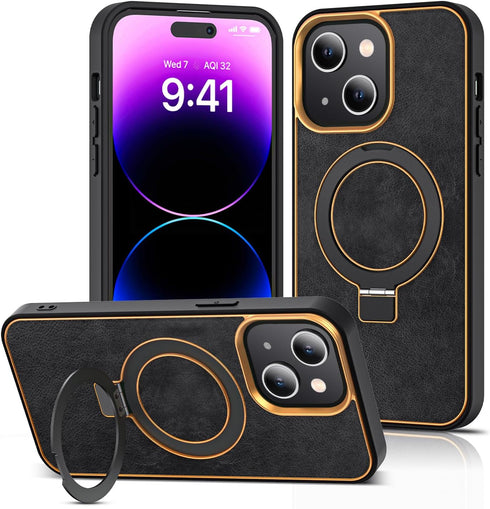 for iPhone 13/14 Case with Magnetic Invisible Ring Stand Leather Business Phone Case Compatible with Magsafe Shockproof Protection Classic Luxury ...