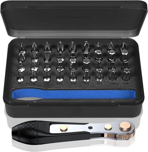 37pcs Mini Ratchet Screwdriver Set with 1/4" S2 Steel Bits, 90 Degree Right Angle Screwdriver, 36-Tooth Low Profile Reversible Ratchet Wrench, Mag...